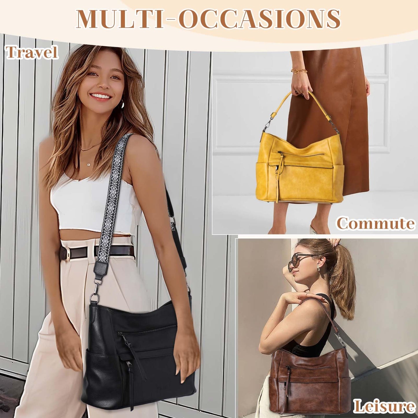 VASCHY Hobo Bag for Women, Roomy Leather Shoulder Purse with Wallet Set, Tote Bag with Guitar Strap, Ideal Gift for Women