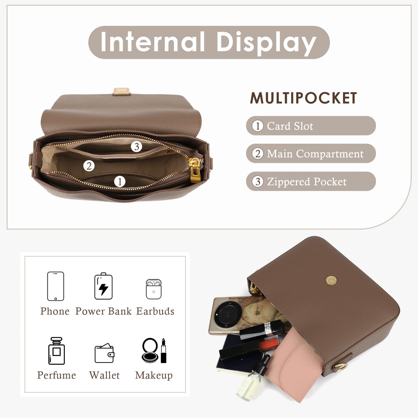 MFFOR Genuine Leather Shoulder Bags for Women, Crossbody Purses Vintage Handbags, Designer Bag with 2 Shoulder Straps (Coffee)