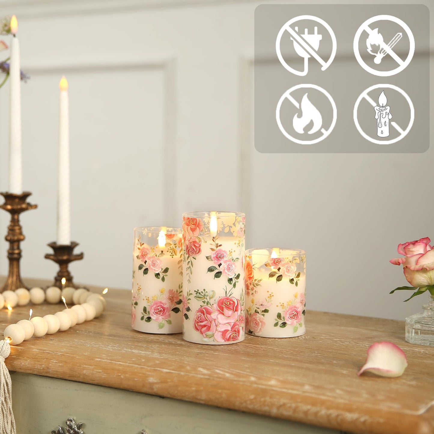LUSHARBOR Flameless Candles with Remote, Battery Operated Glass Candles Pink Rose Flickering LED Candles Real Wax Floral Christmas Decor Electric Pillar Candles Set of 3
