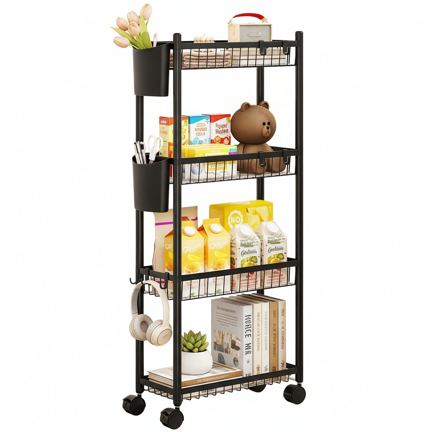 Slim Rolling Storage Cart, 4 Tier Narrow Utility Cart with Wheels, Skinny Metal Mobile Shelf Unit Organizer for Bathroom Kitchen Laundry Room Pantry Office Small Spaces, Black