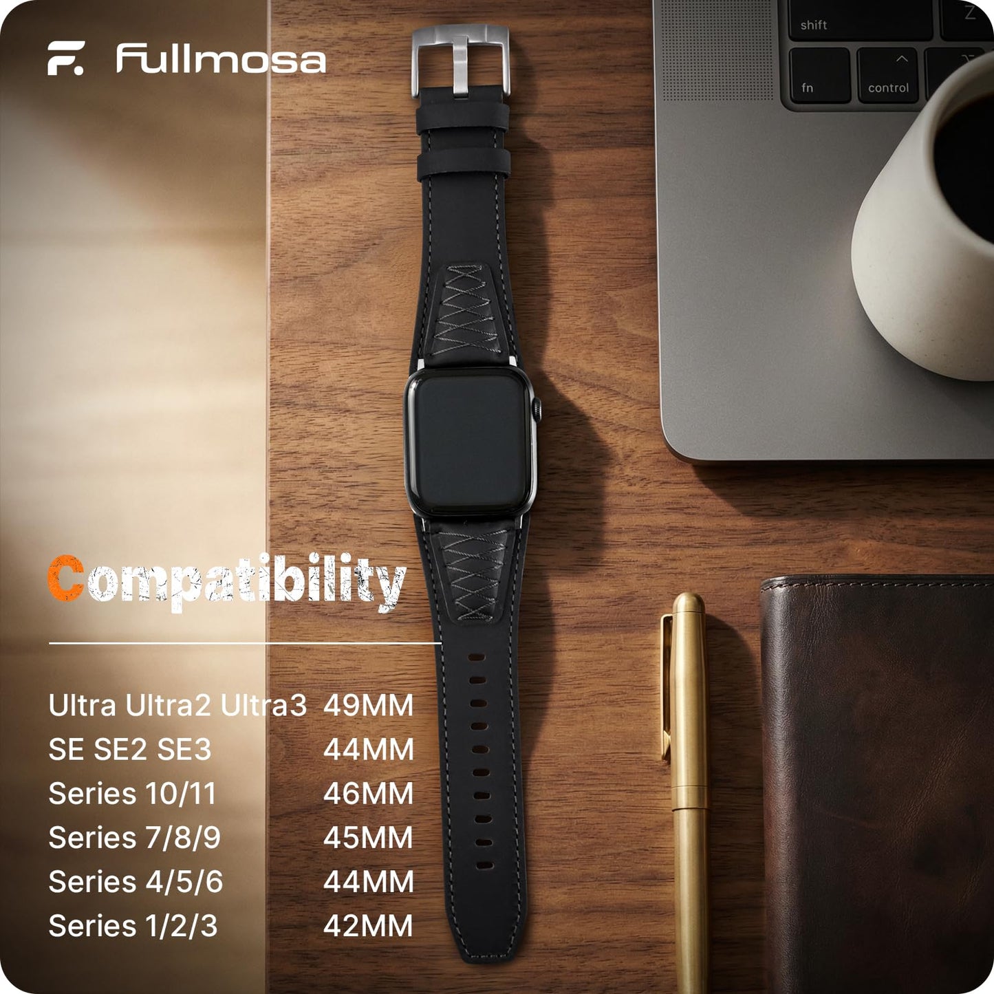 Fullmosa Leather Band Compatible with Apple Watch Ultra 3/2/1 Band 49mm 46mm 45mm 44mm 42mm Men, Top Grain Leather Replacement Strap for iWatch series 11 10 9 8 7 6 5 4 3 2 1, SE 3 2 1,Black+Silver