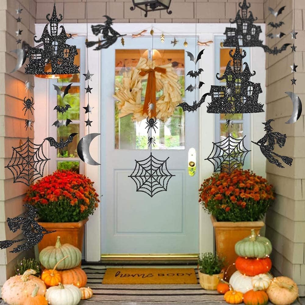 Cheerland Clearance Witch Decorations Gothic Hanging Banner Indoor Garland Glitter Black Decor Moon Star Glitter Garland Decoration Haunted House Witchcraft Decor Birthday Halloween Party Supplies