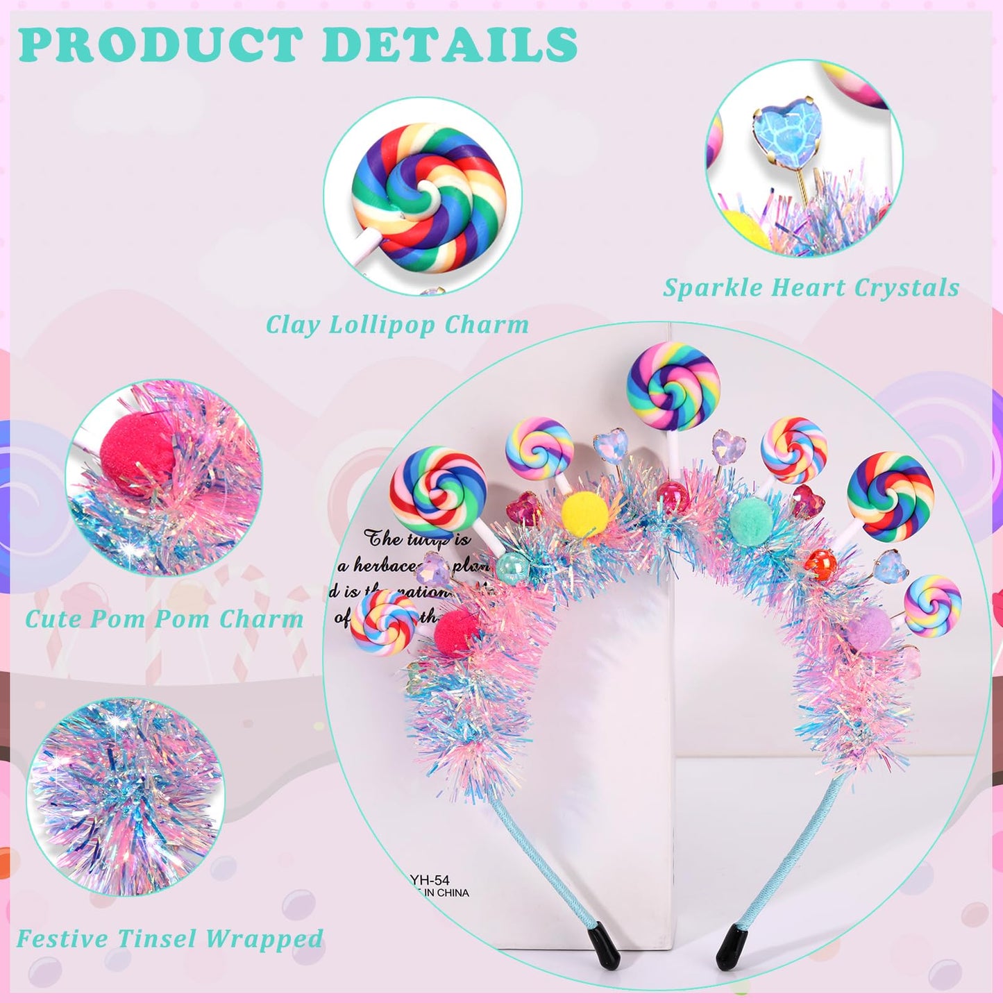 NVENF Candy Headband for Women Girls Colorful Pom Pom Lollipop Headbands Candyland Costume Outfits Candy Accessories Birthday Party Favors Halloween Holiday Christmas Outfits Gifts (Pattern A)