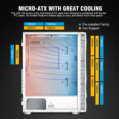 Montech X3 Mesh 6pcs, 3 x 140mm& 3 x 120mm Fixed RGB Lighting Fans ATX Mid-Tower PC Gaming Case, USB3.0, Door Open Tempered Glass Side Panel, High Airflow, White
