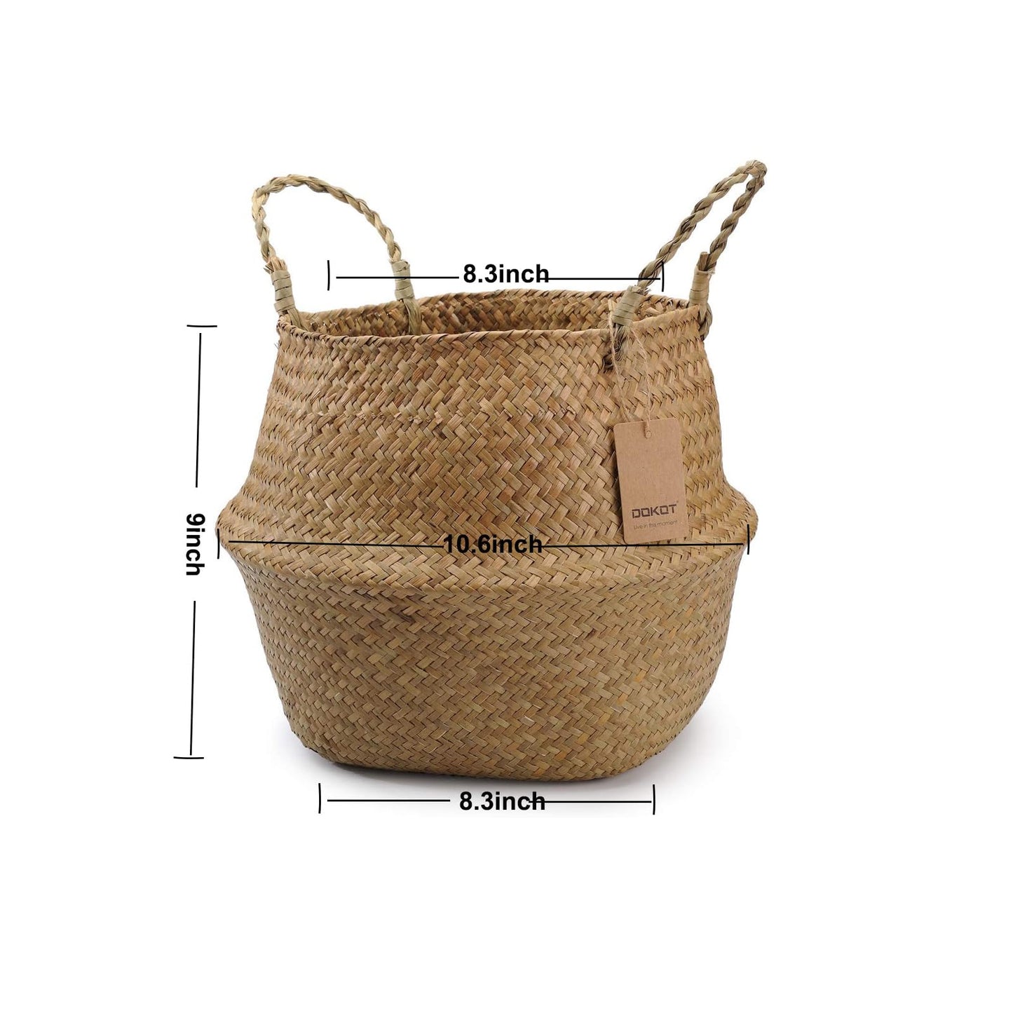 DOKOT Seagrass Plant Basket with Handles, Wicker Woven Storage Basket (8.3inch Diameter x 9inch Height), Natural