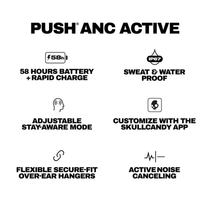 Skullcandy Push ANC Active Wireless Earbuds, Bluetooth Headphones, Noise Cancelling, 58 Hours Battery, Secure-Fit Over-Ear Hanger, Sweat and Waterproof, Microphone for iPhone Android - Black/Orange