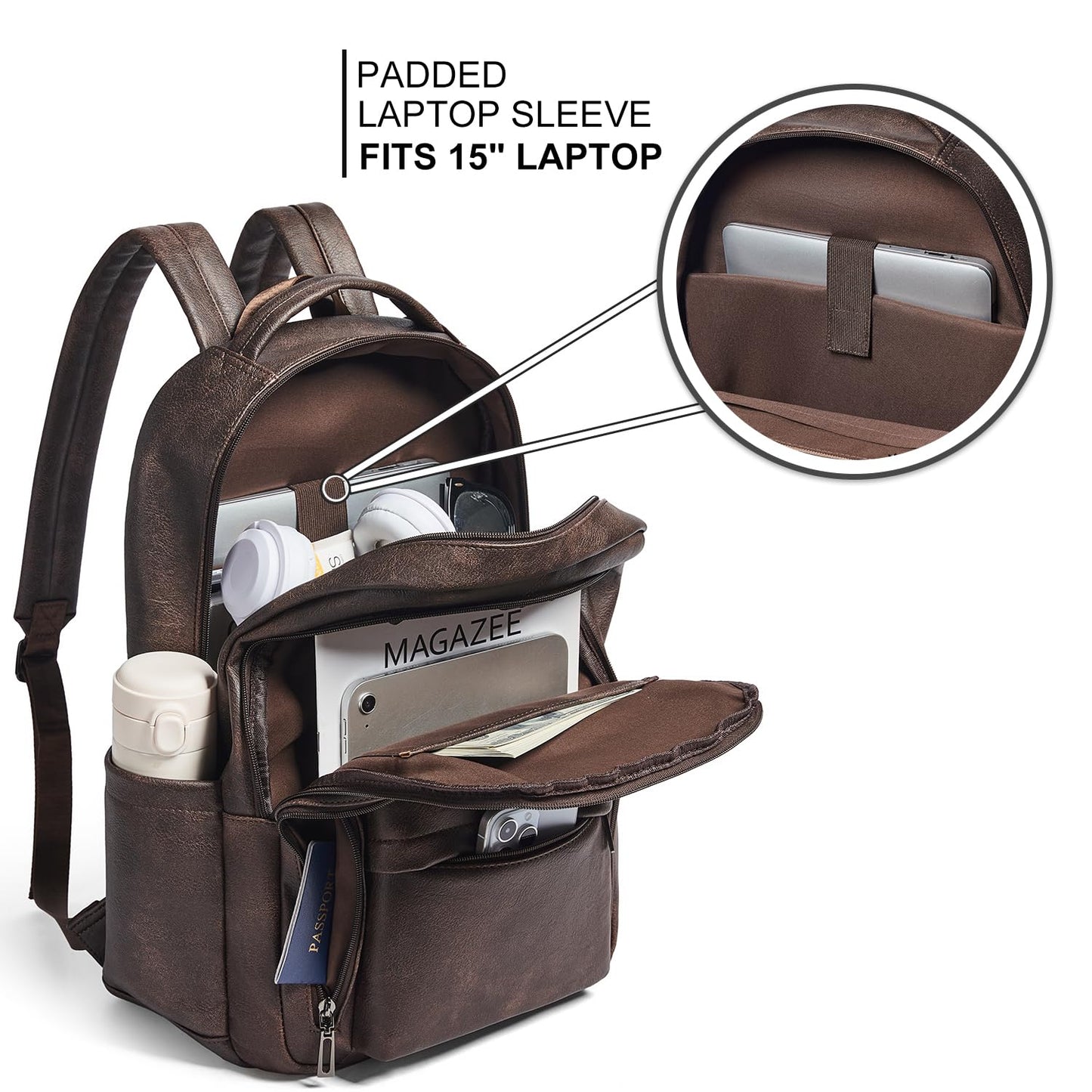 LATMAP 30L Backpack Purse for Women Men Laptop Backpack, Faux Leather Travel Work Backpack Teacher Bookbag fits 15.6" Laptop,Coffee