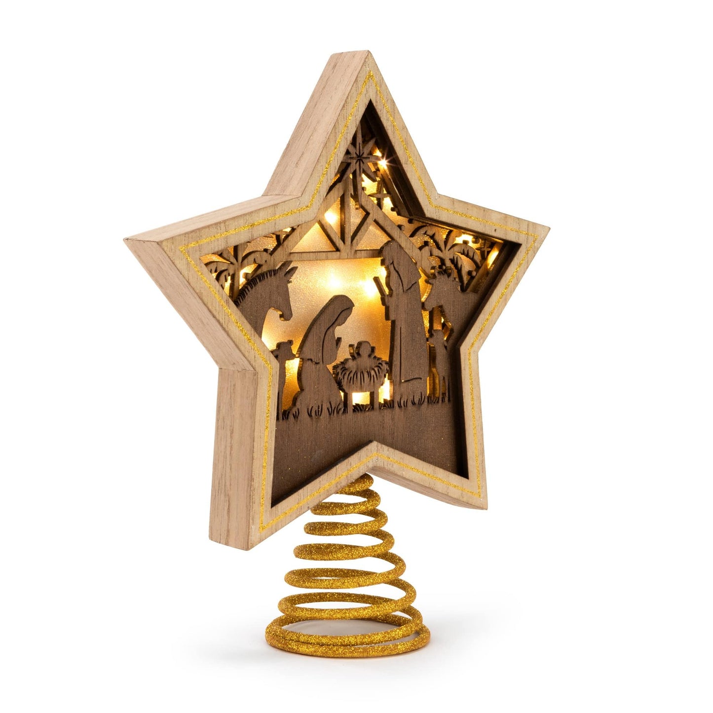 DEMDACO Lit Star Nativity Tree Topper - Glowing Gold Accented Wooden Star for Beautiful Holiday Charm - Christmas Tree Topper - Warm LED Shadow Box - Cutout Nativity Scene