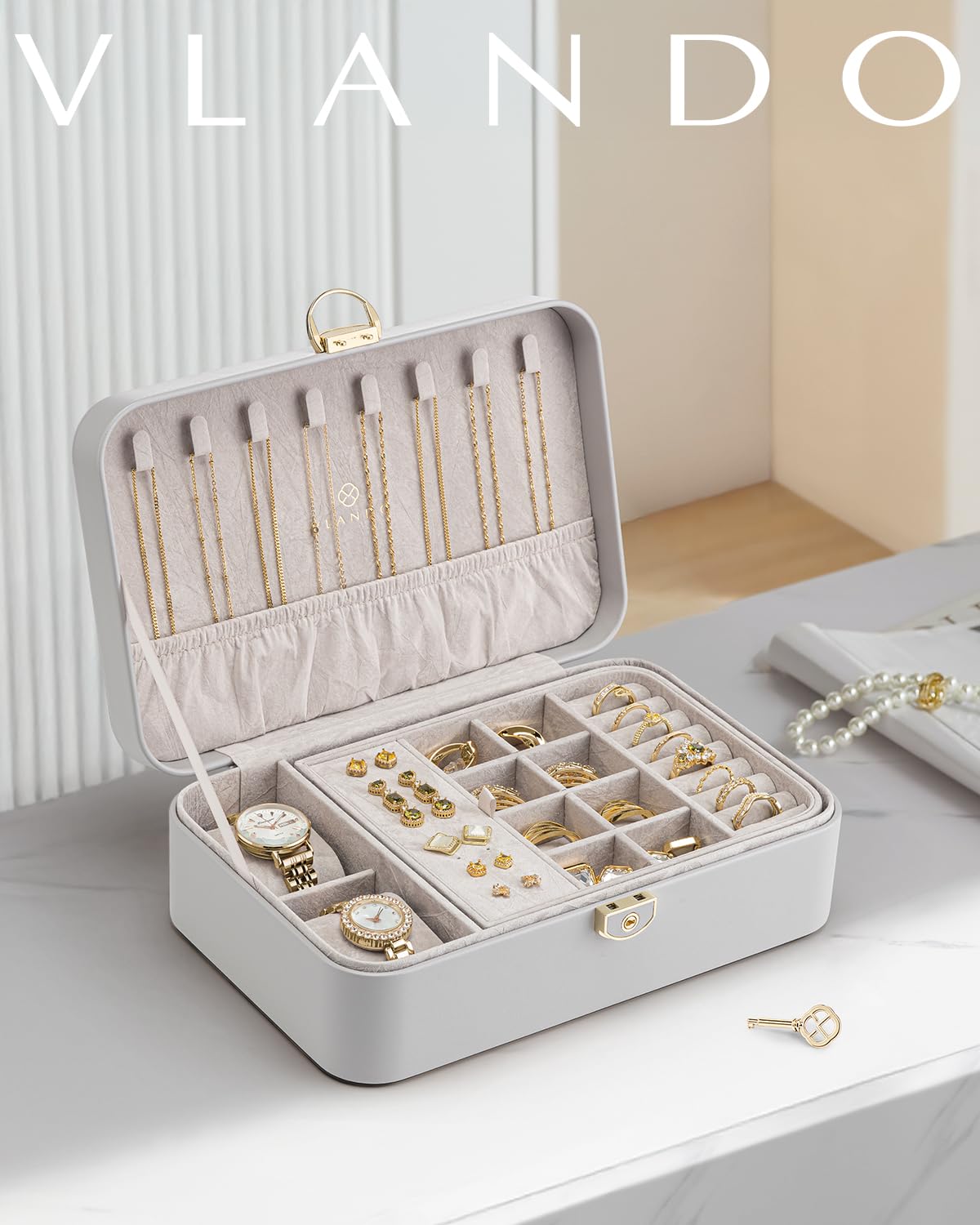 VLANDO 2 Layer Jewelry Box,Jewelry Organizer Storage Lockable Earring Organizer Removable Jewelry Tray with Watch Pillow for Neckable Ring Bracelets-Grey