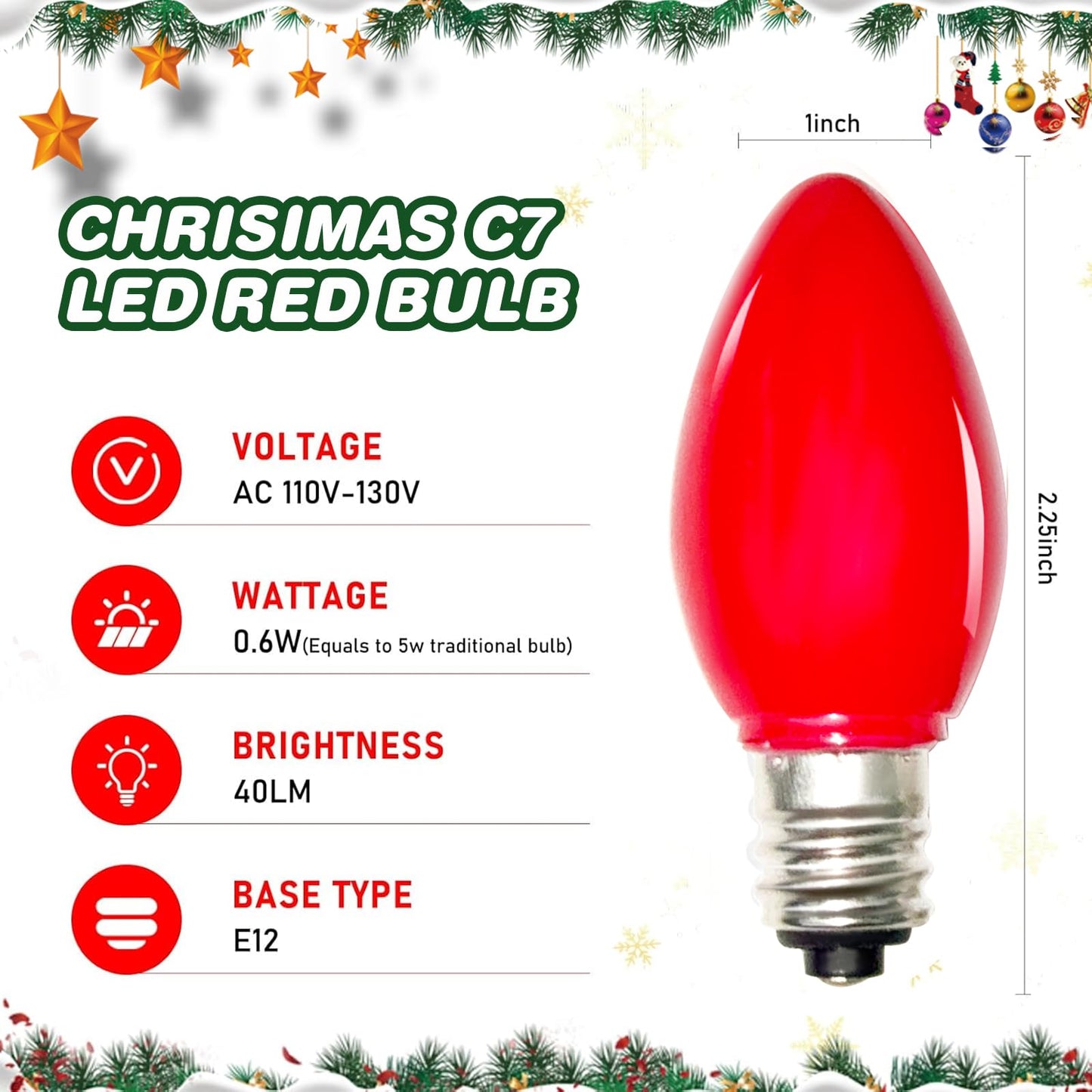 Romasaty 25 Pack C7 LED Replacement Bulbs C7 Plastic Red String Lights Replacement Bulbs, C7/E12 Candelabra Base, 0.6 Watt