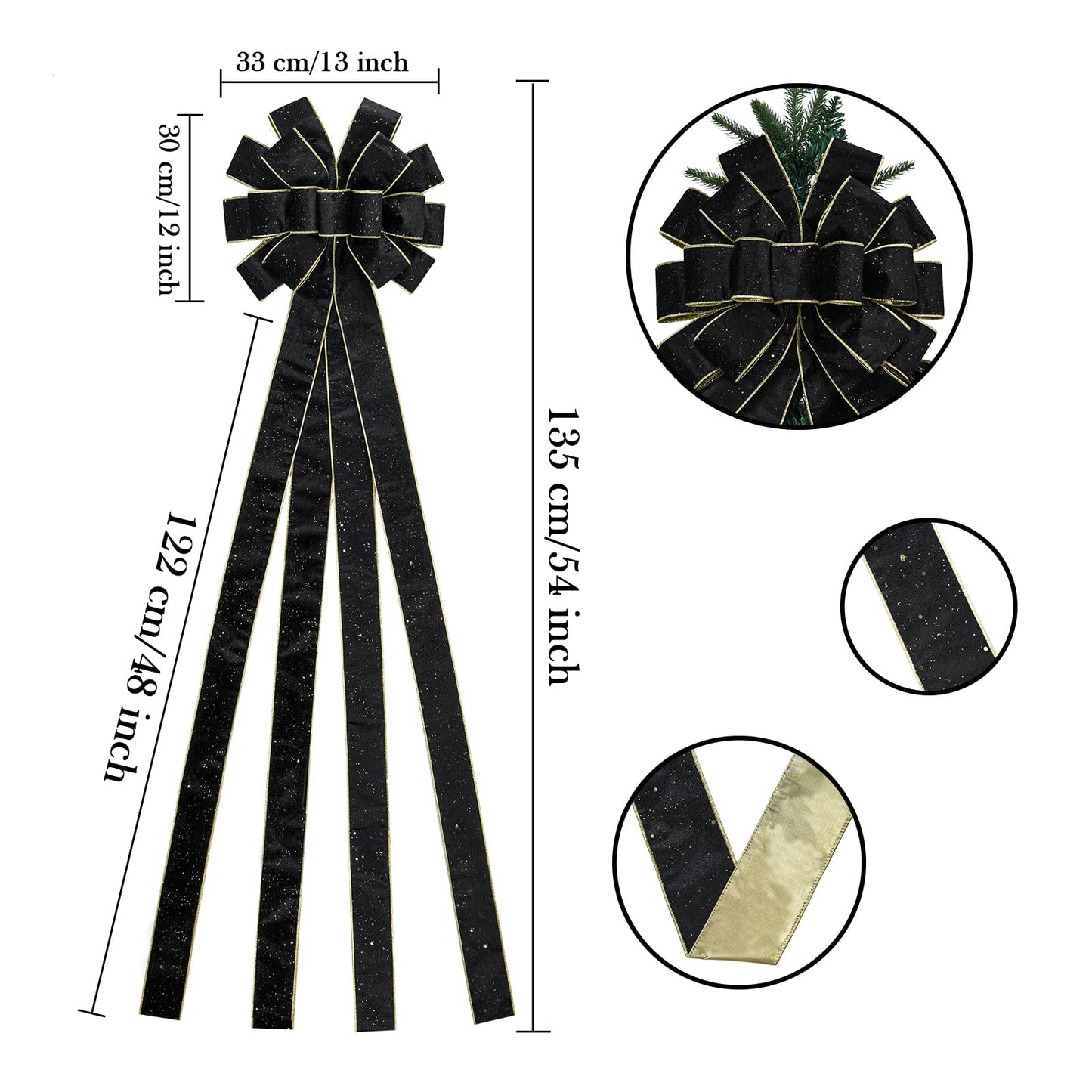 BUVANE Christmas Tree Topper,48x13 Inches Velvet Toppers Bow,Large Decorative Bows for Christmas Decoration (Black)