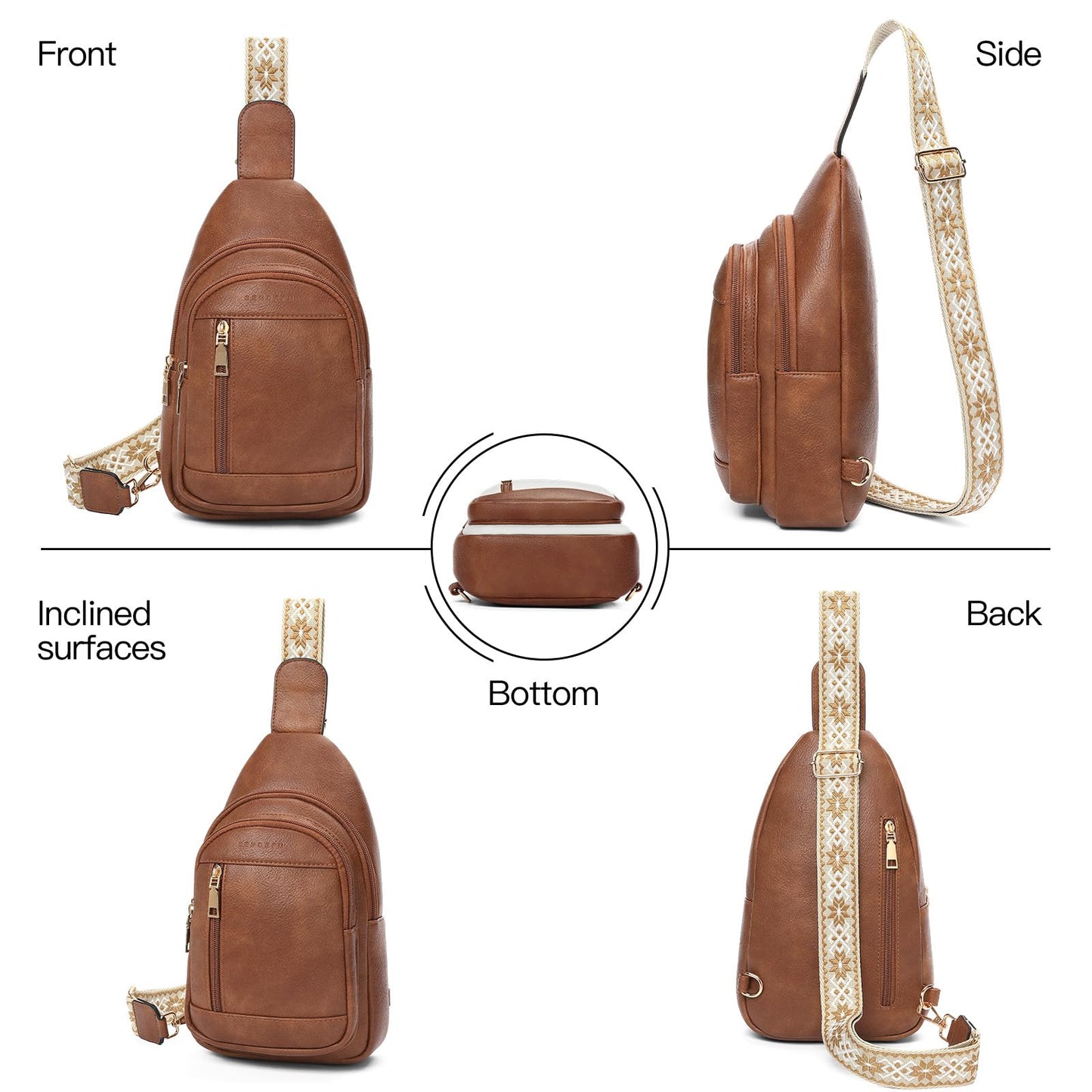 SENDEFN Small Sling Bag for Women Leather Crossbody Bags Purse for Travel Fanny Pack Chest Bag with Adjustable Guitar Strap