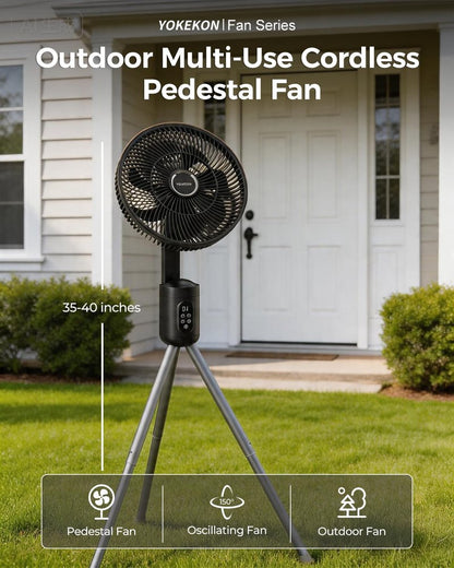 YOKEKON Outdoor Standing Fan for Patio,12" Rechargeable Cordless Pedestal Fan,Hanging 12000mAh Battery Operated Oscillating Fan with Remote,Light, Quiet,8 Speeds,Timer,Gazebo/Deck/Porch/Pergola,Black