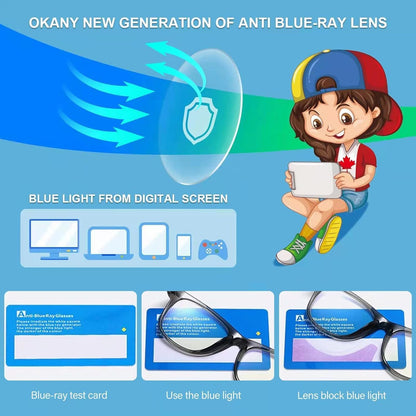 Okany Blue Light Glasses for Kids 3 Pack Blue Light Blocking Glasses for Girls Boys Computer Gaming Screen Glasses, Anti Glare Eyestrain Teen Fashion Glasses Age 3-10 (Grey Black+Transparent+Leopard)