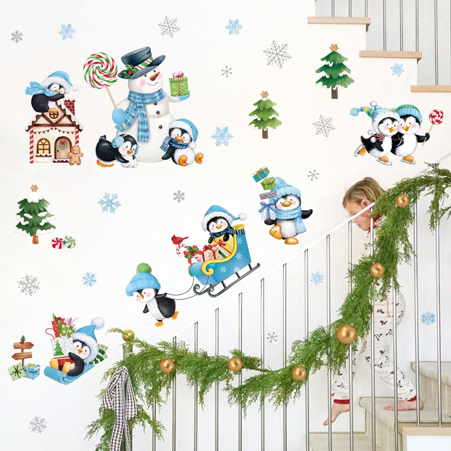 Wondever Penguins Christmas Wall Stickers - Snowman, Pine Tree, Snowflakes, Window Art Decals for Xmas Party