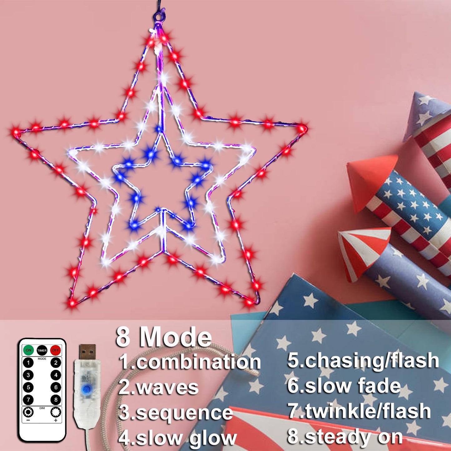 4th of July Patriotic Decorations, Red White and Blue Memorial Day Decor Star Lights, Timer 14.2In Iron Frame 70Led Fairy Star Lights, 8 Mode with Remote Window Wall Silhouette for Home