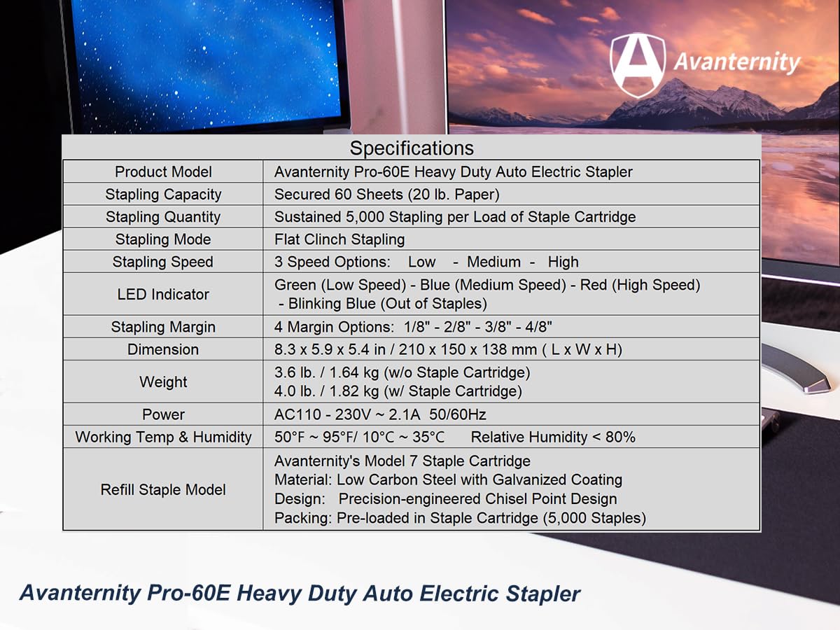 Avanternity's Pro-60E Heavy Duty Auto Electric Stapler (Value Kit + Extra 1 Staple Cartridge Pack) - Secured 60 Sheet Capacity, Includes 35,000 Staples
