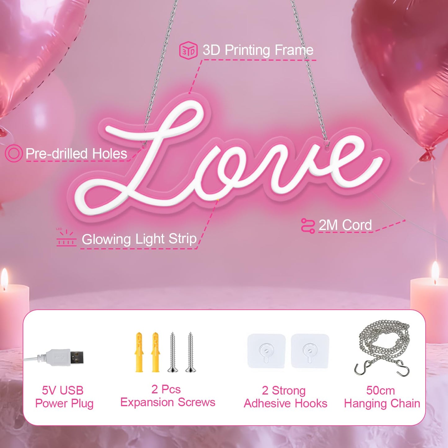 Miootly Love Neon Sign, LED Love Light up Sign Wall Decor for Girl Bedroom Christmas Valentine's Day Wife Women Birthday Gift Living Room Home Decor, 16"x 6" USB Powered 10 Pink Brightness Light up