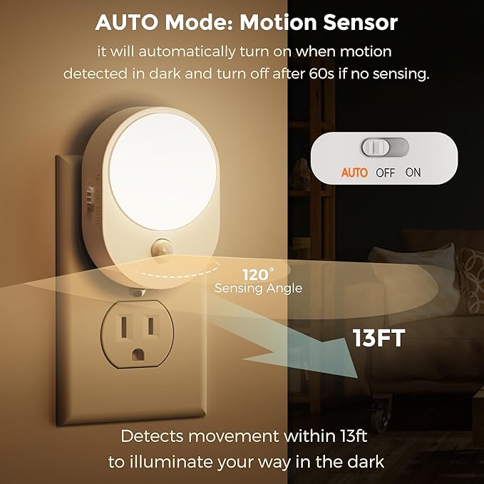 L LOHAS LED Plug in Night Light with Motion Sensor and Dusk to Dawn Sensor,[4-PACK] Night Lights Plug into Wall,3000K Soft White,30/60/100LM Dimmable Nightlight for Bathroom Hallway Kitchen
