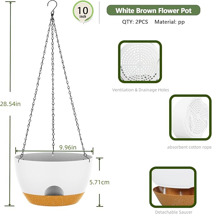 10 Inch Hanging Baskets 2 PC with Chains, Self-Watering Hanging Planters for Indoor Outdoor Plants, Plastic Hanging Flower Pots,White Brown
