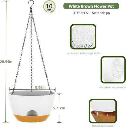 10 Inch Hanging Baskets 2 PC with Chains, Self-Watering Hanging Planters for Indoor Outdoor Plants, Plastic Hanging Flower Pots,White Brown