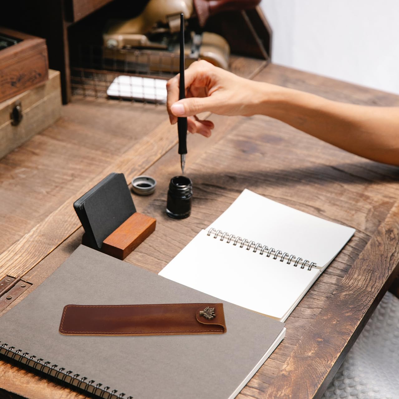 NUOBESTY Leather Pen Pouch Genuine Cowhide Single Pen Case Holder with Snap Button for Fountain Rollerball Ballpoint Pens 6.61X1.57X0.59In Office and School Use