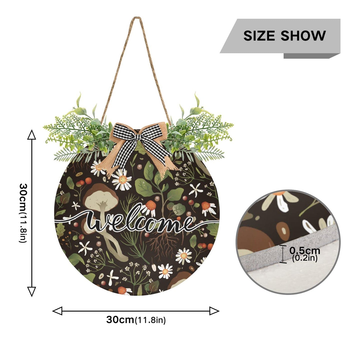 Mushroom Daisy Welcome Sign Farmhouse Front Porch Decor Door Hanging Welcome Wreath for Holiday Wall Home Decoration 12 X 12 in