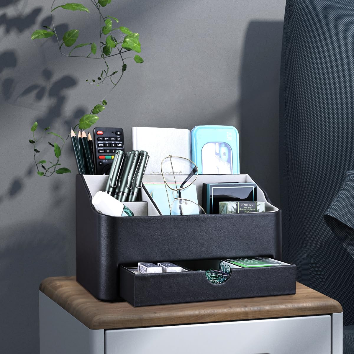 KINGFOM Desk Organizer with Drawer, Multifunction Pencil Holder for Desk, Desk Organizer and Accessories 5 Compartments for Home Office Supplies (Black)