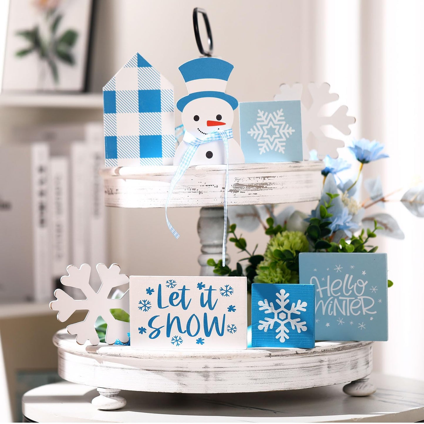 Sawysine 8 Pieces Winter Tiered Tray Decor, Let It Snow Sign Decor Farmhouse Snowflake Wooden Signs for Holiday Shelf Kitchen Coffee Bar(Blue, White)