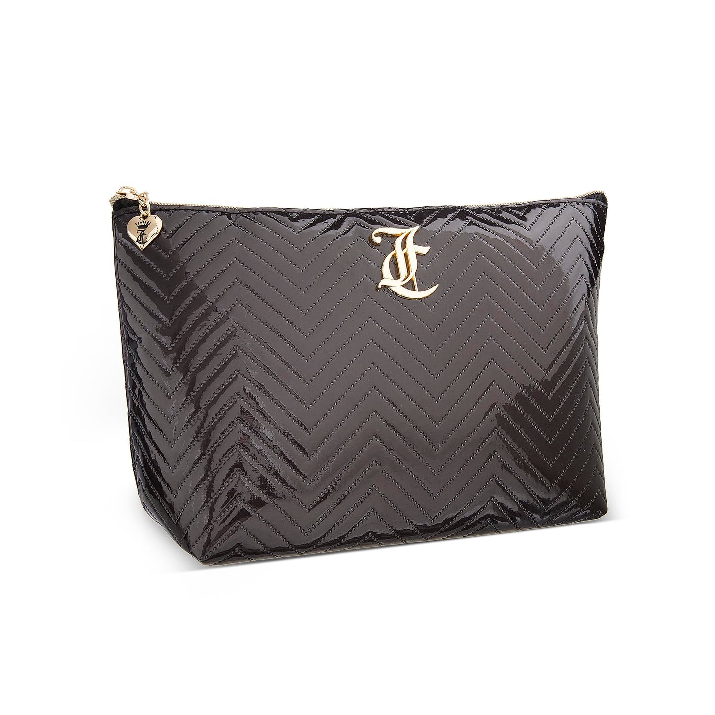 Juicy Couture Black Makeup Bag Cosmetics Organizer Travel Essentials Top Zip Pouch Faux Patent Leather Zig Zag Pattern
