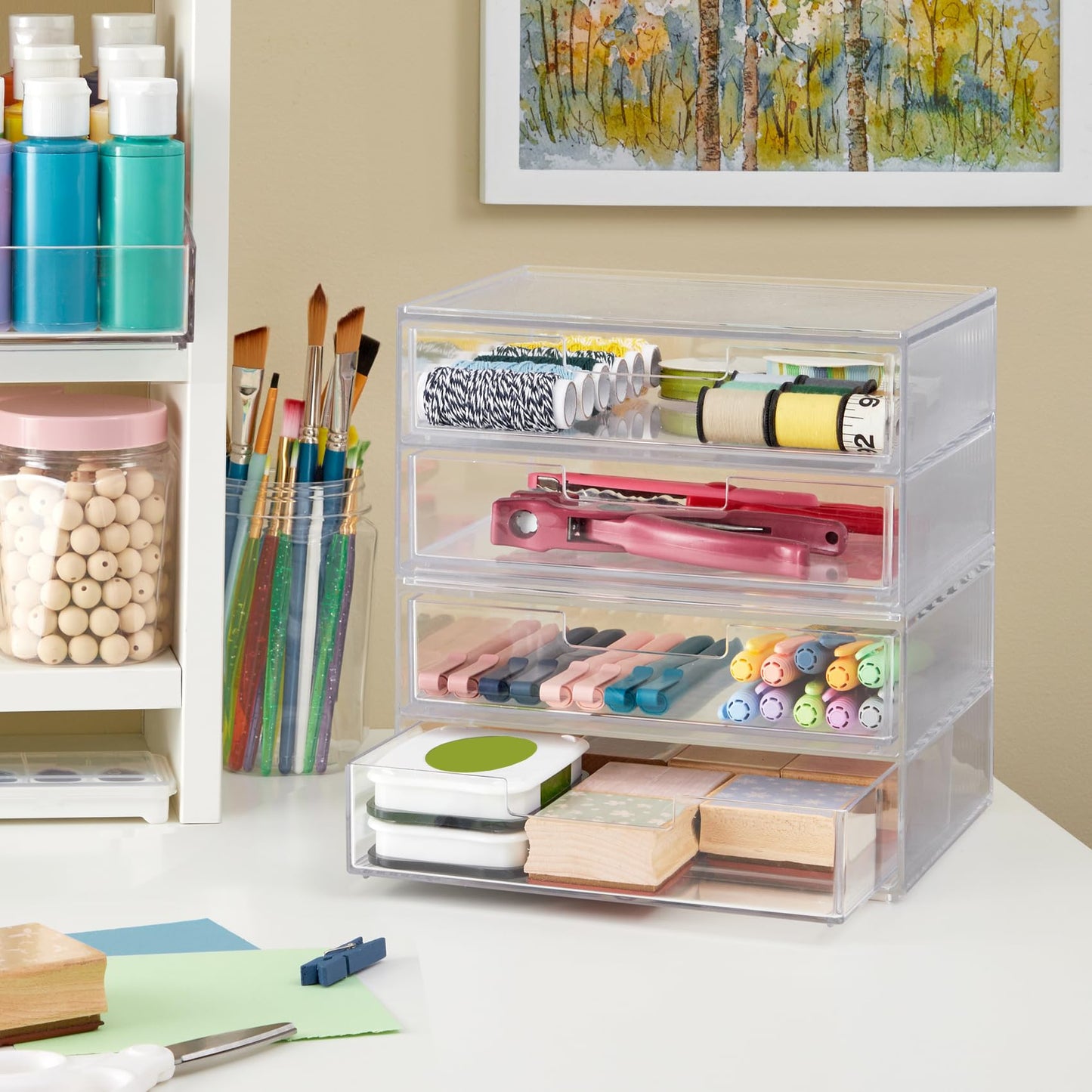 STORi Chloe Space-Saving Clear Drawer Organizer (4 Wide Drawers) Sort Office, Kitchen, Beauty Supplies, Makeup, Pens, Jewelry, Stationary, Made in USA