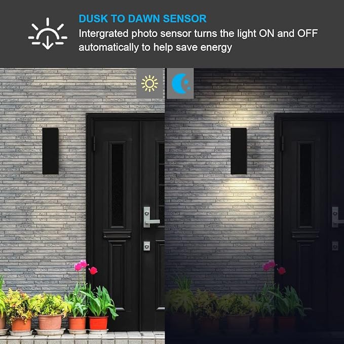 Up and Down Lights Outdoor Wall Light Dusk to Dawn, Exterior Light Fixture Wall Mount 2 Pack, Matte Black Front Porch Light, IP65 Outdoor Wall Sconce for Patio, Garage, Front Door - ETL Listed