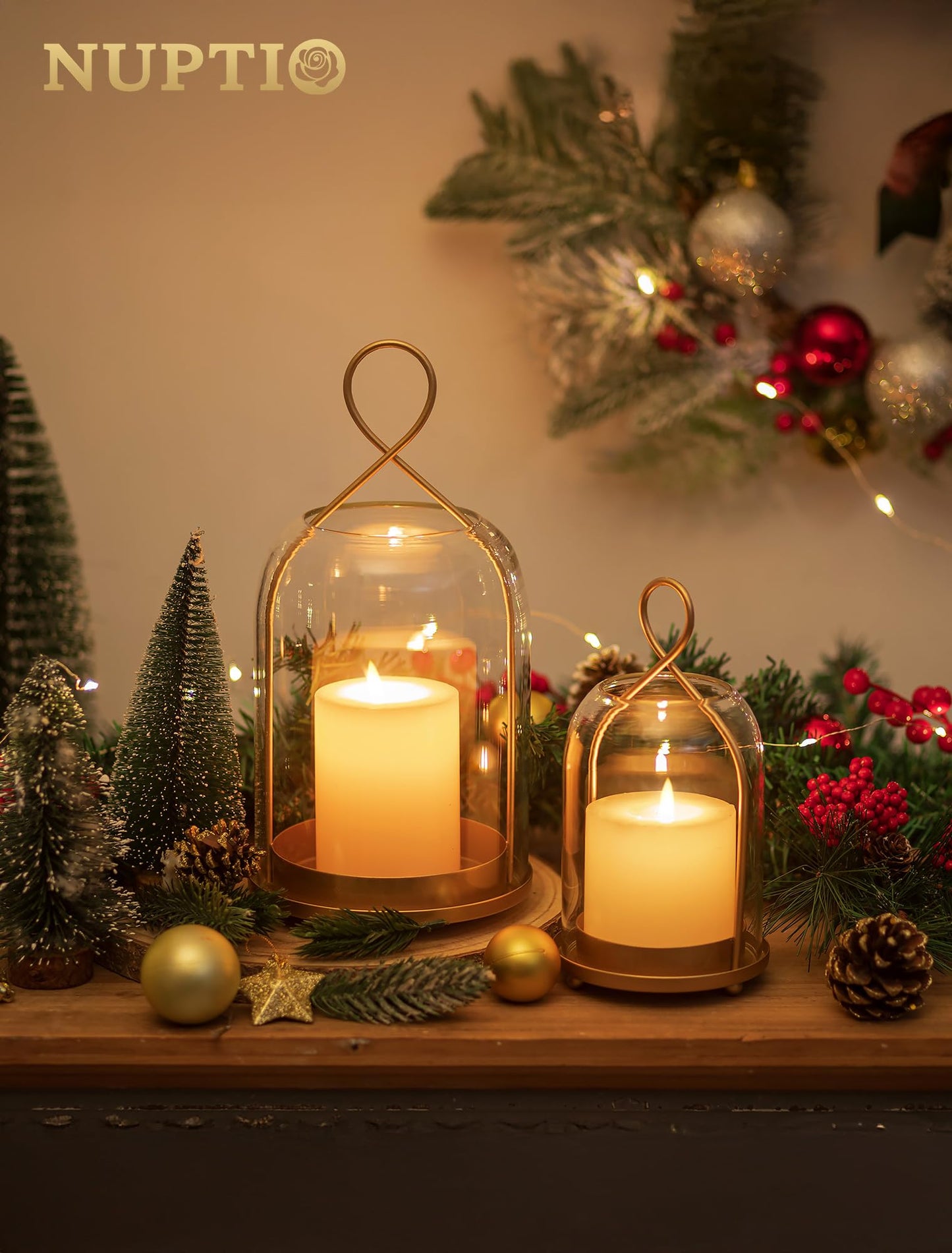 NUPTIO Glass Lanterns Decorative Outdoor: Gold Hurricane Candle Holders for Pillar Candles - Set of 2 Hanging Lantern for Home Thanksgiving Christmas Party Centerpiece