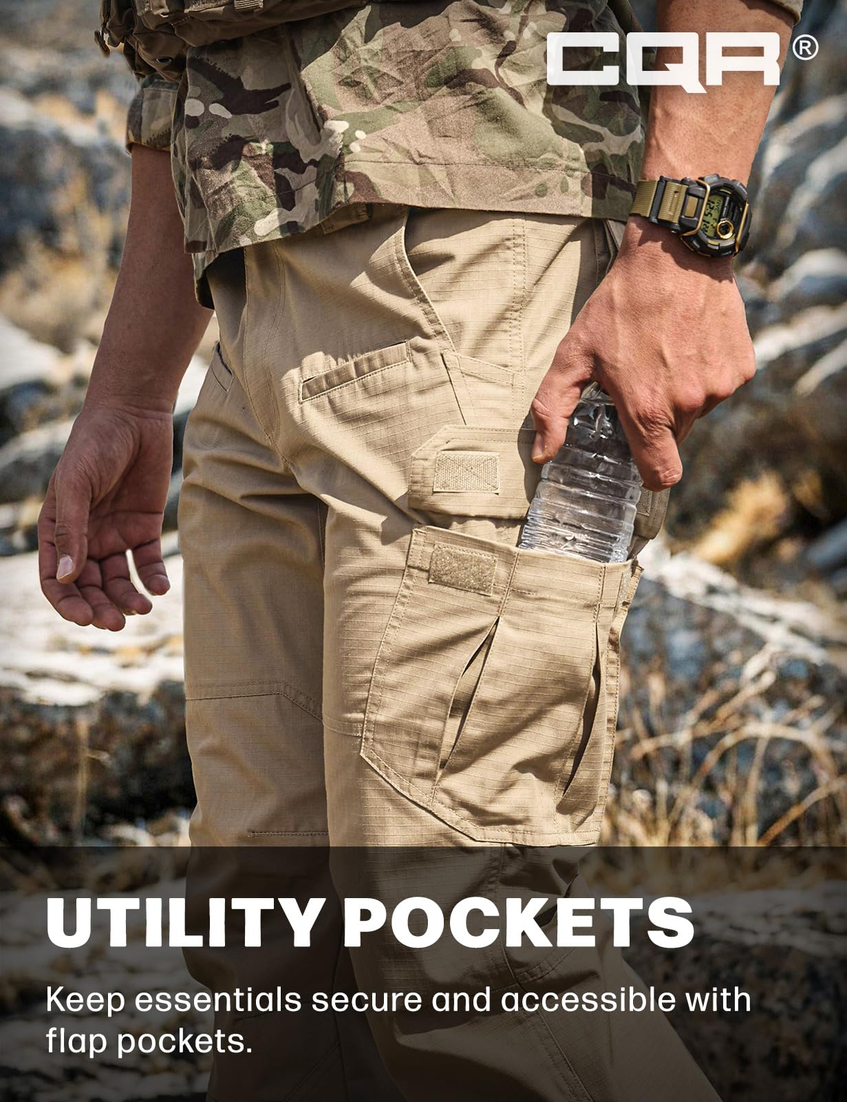 CQR Men's Tactical Pants, Water Resistant Ripstop Cargo Pants, Lightweight EDC Work Hiking Pants, Outdoor Apparel, Raider Khaki, 44W x 32L