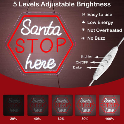 Santa Stop Here Neon Sign for Window Decor USB Powered Xmas Neon Wall Sign Festive Display Holiday Party Santa Stop Led Light for Back Drop Home Display