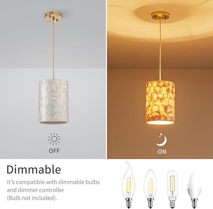 1-Lights Capiz Shell Chandelier, Coastal Design, Modern Pendant Light Fixture for Dining Room, Living Room, Kitchen Island, D7 x H18~66"(Adjustable Height), Shell Lampshade & Gold Finish Frame