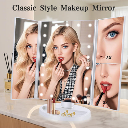 deweisn Dresser Mount Tri-Fold Lighted Vanity Mirror with 21 LED Lights, Touch Screen and 3X/2X/1X Magnification, Two Power Supply Modes Make Up Mirror,Travel Mirror