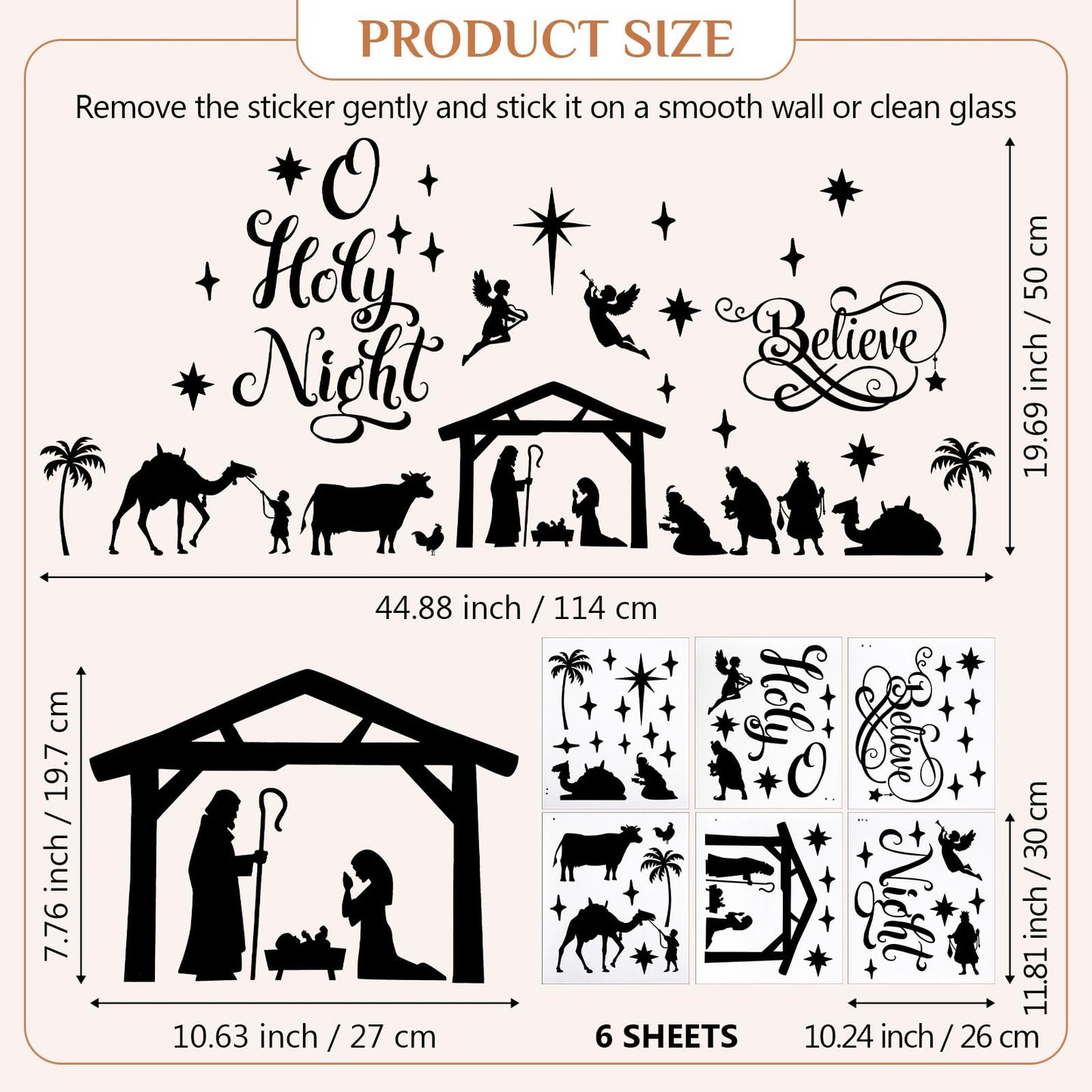 Chinco Large Christmas Nativity Scene Wall Decor Stickers Nativity Vinyl Wall Decal Christmas Decorations Religious Murals Modern for Xmas Room Decor, Black (O Holy Night)