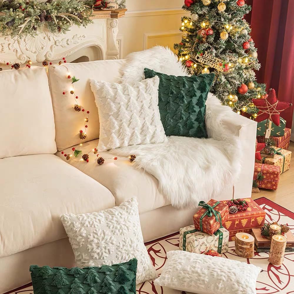 TBAVNOSY Christmas Tree Pillow Covers Set of 2 18x18 inches, 3D Xmas Tree Shaped Faux Fur Throw Pillow Covers for Couch, Sofa, Living Room Winter Holiday Decor, Farmhouse (Dark Green)