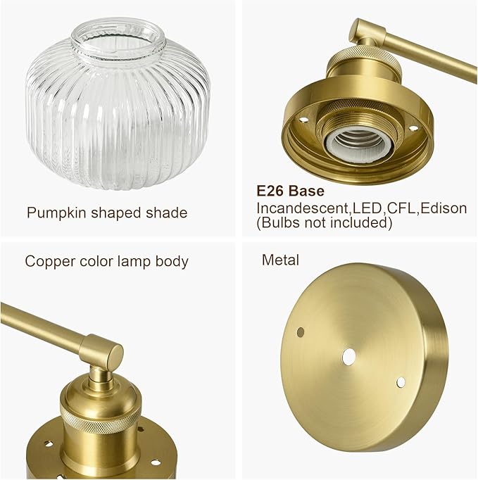 Vintage Wall Sconces with Amber Pumpkin Glass Lampshade, Indoor Bathroom Wall Sconce, Modern Gold Industrial Lighting Fixture for Mirror Living Room Hallway 1 Pack