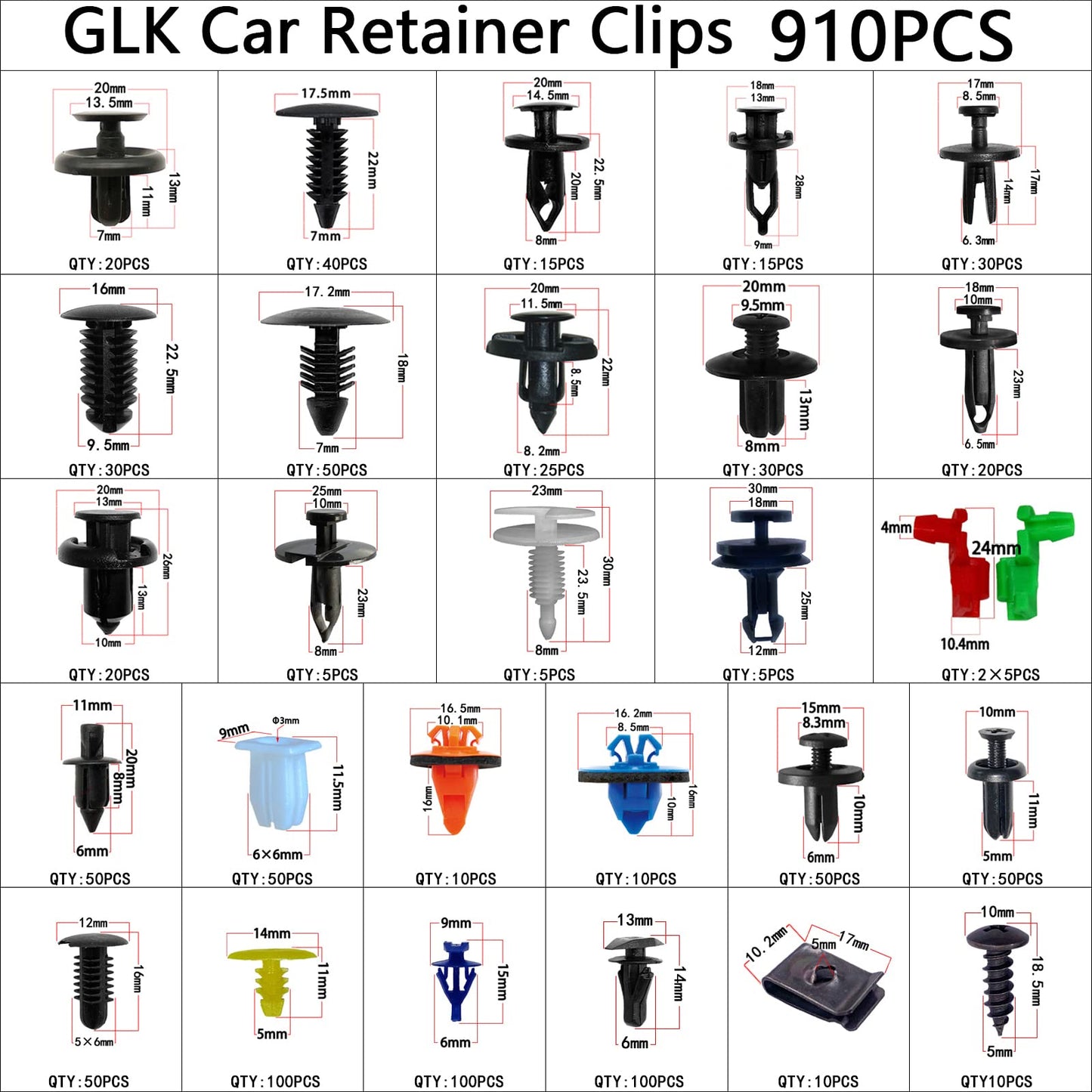 910Pcs Car Push Retainer Clips Plastic Fasteners Kit with 27 Most Popular Size Nylon Bumper Fender Panel Clips Push Pin Rivets for Toyota GM Ford Honda Chrysler