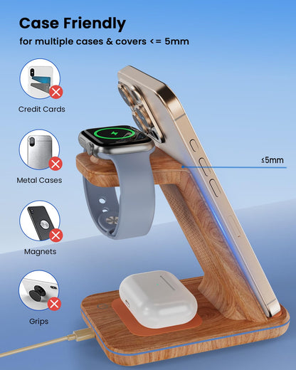 Wireless Charging Station for Apple - 3 in 1 Wireless Charger Stand Dock Watch and Phone Charger Station for Apple Watch 11/8/7/SE/6/5/4/3/2, iPhone 17 16-12 Pro Max SE XS X, Samsung, AirPods Pro/3/2
