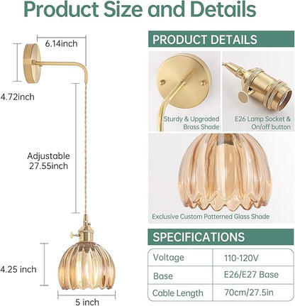 Vintage Wall Sconce Wall Lamp Amber Tulip Shade Pattern Glass Adjustable Chain Retro Gold Wall Mounted Light, Wall Lamp Fixtures Decor for Bedside Bedroom Indoor Doorway