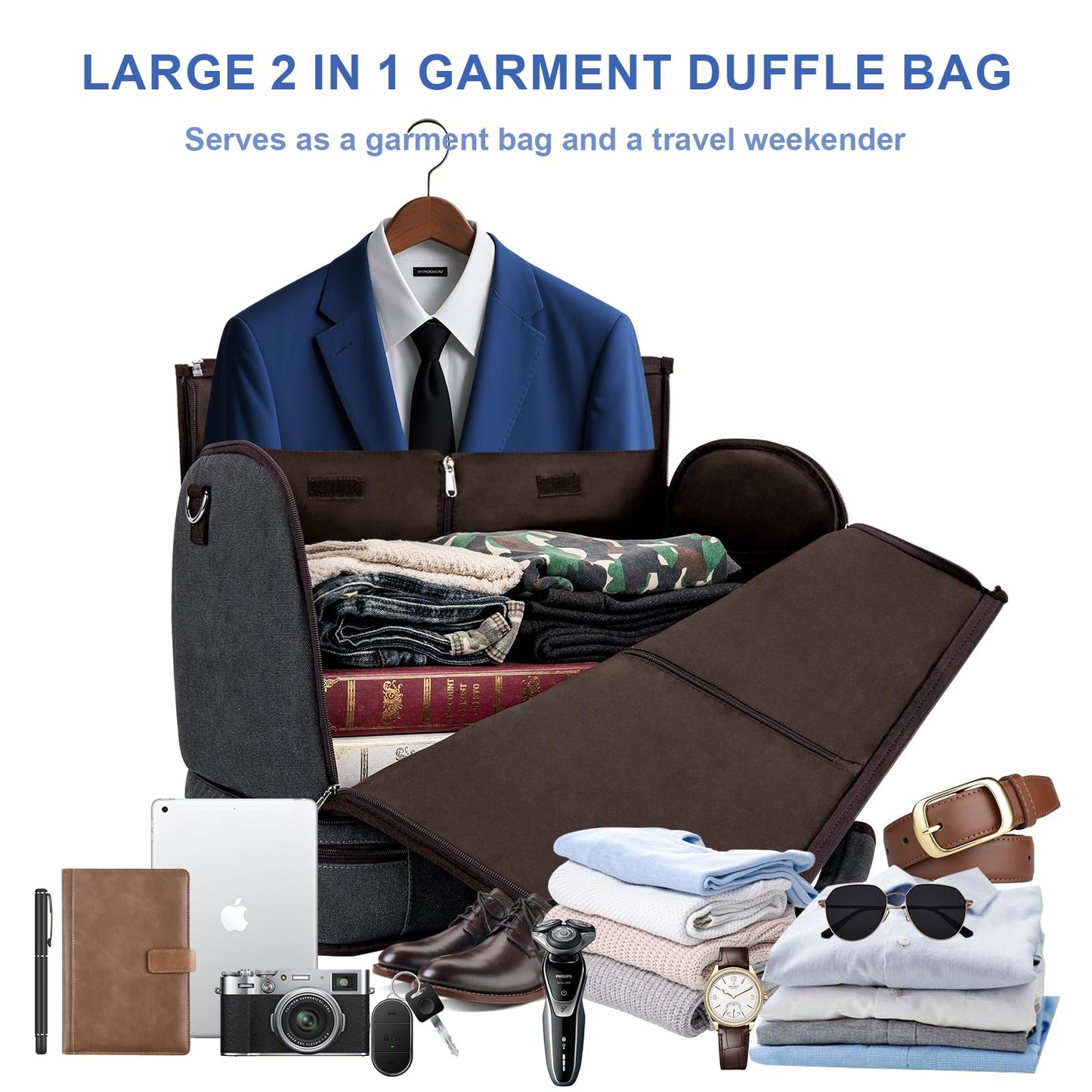 Garment Duffle Bag for Travel - Convertible Carry on Garments Duffel Bags Travel Bag for Women Men Large Weekender Bag with Shoes Compartment 3 in 1 Hanging Clothes Suit Dress Bag 3pcs Set