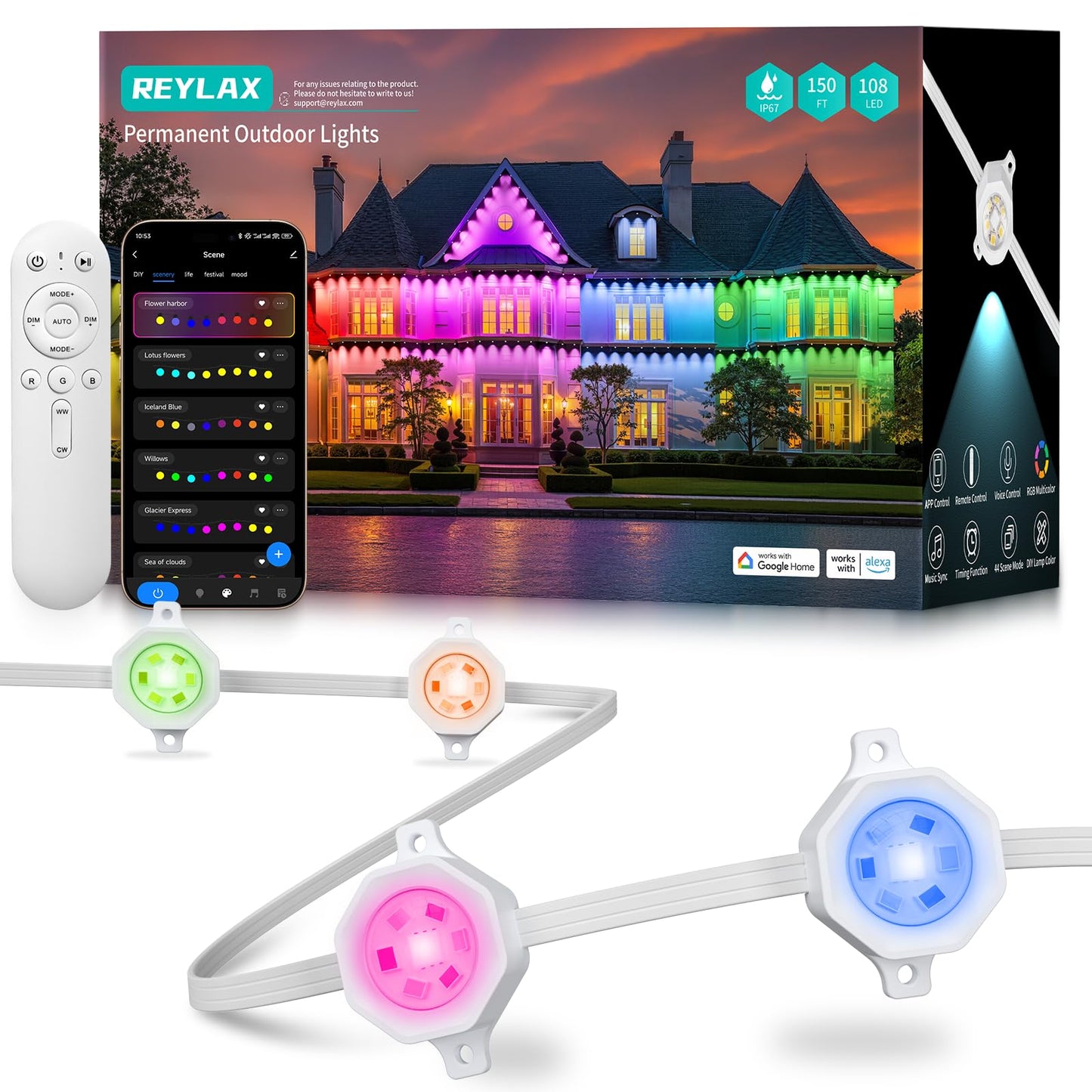 REYLAX Permanent Outdoor Lights Pro, 150ft with 108 Triple-LED 135lm, RGB+IC Smart Eaves Christmas Lights for House, IP67 Waterproof, Multi Scenes for Outdoor Decor, Works with Alexa, Google, Remote