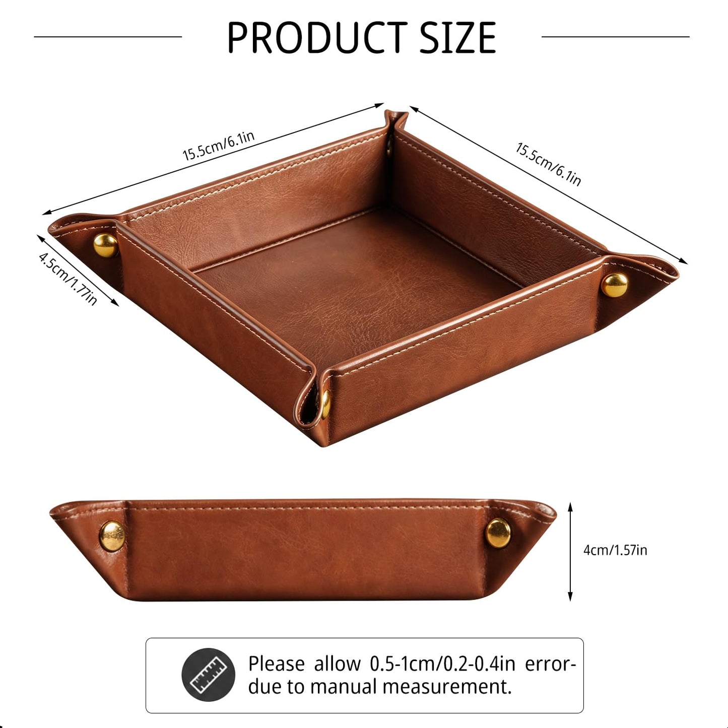 YAPISHI Light Luxury Valet Tray for Men, PU Leather Vanity Jewelry Tray & Decorative Perfume Catchall, Folding Travel EDC Dump Tray, Nightstand Organizer Caddy for Keys, Watches, Coin Bowl Dish