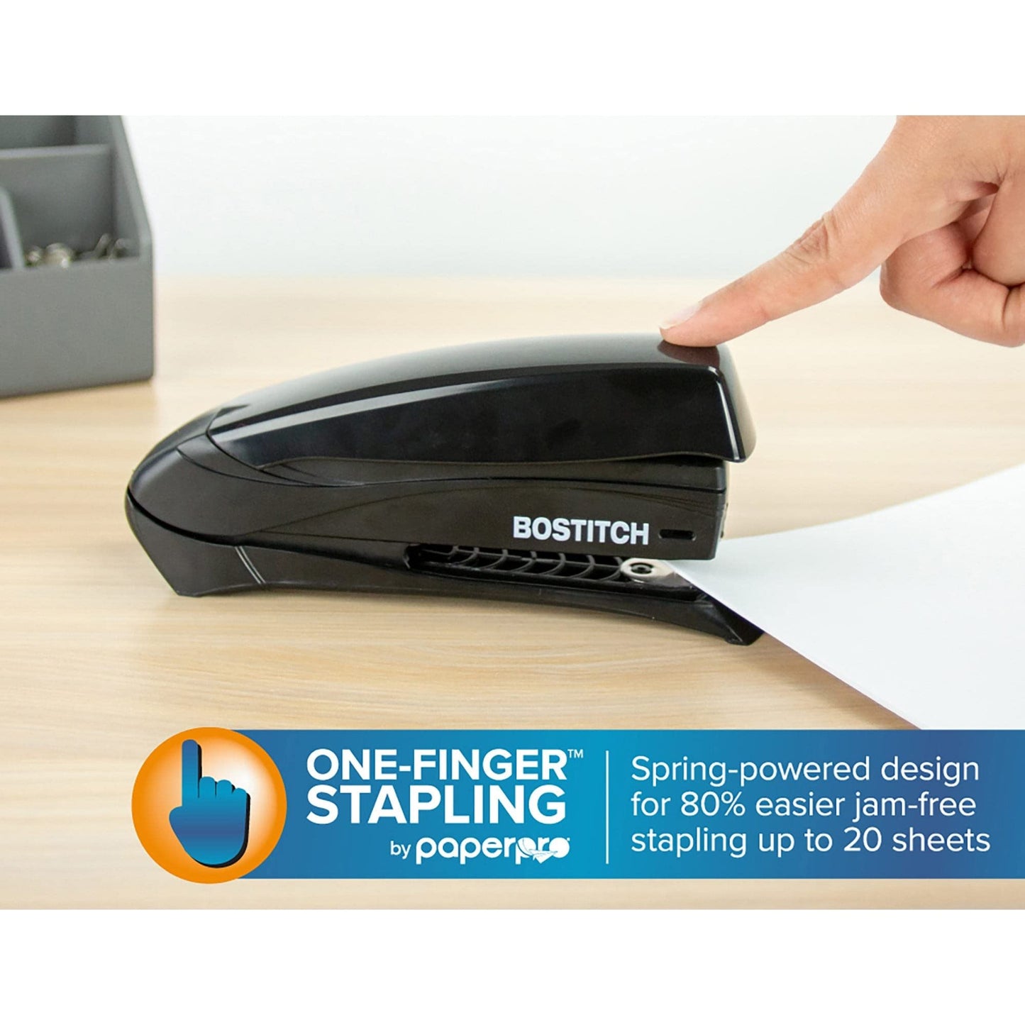 Bostitch Office Inspire 20 Sheet Stapler - One Finger, No Effort, Spring Powered Stapler - Black (1423)