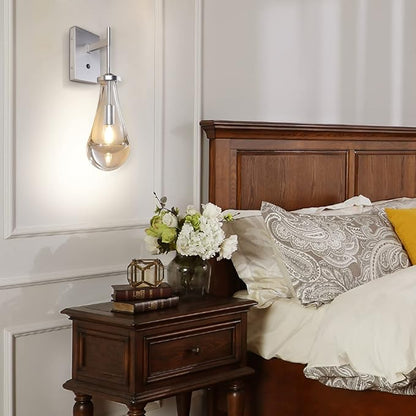 HuisMier Brushed Nickel Wall Sconce, Raindrop Wall Sconces with On Off Switch Button, Modern Clear Glass Wall Light Fixture Vanity Wall Lamp for Bathroom Bedroom Living Room Hallway