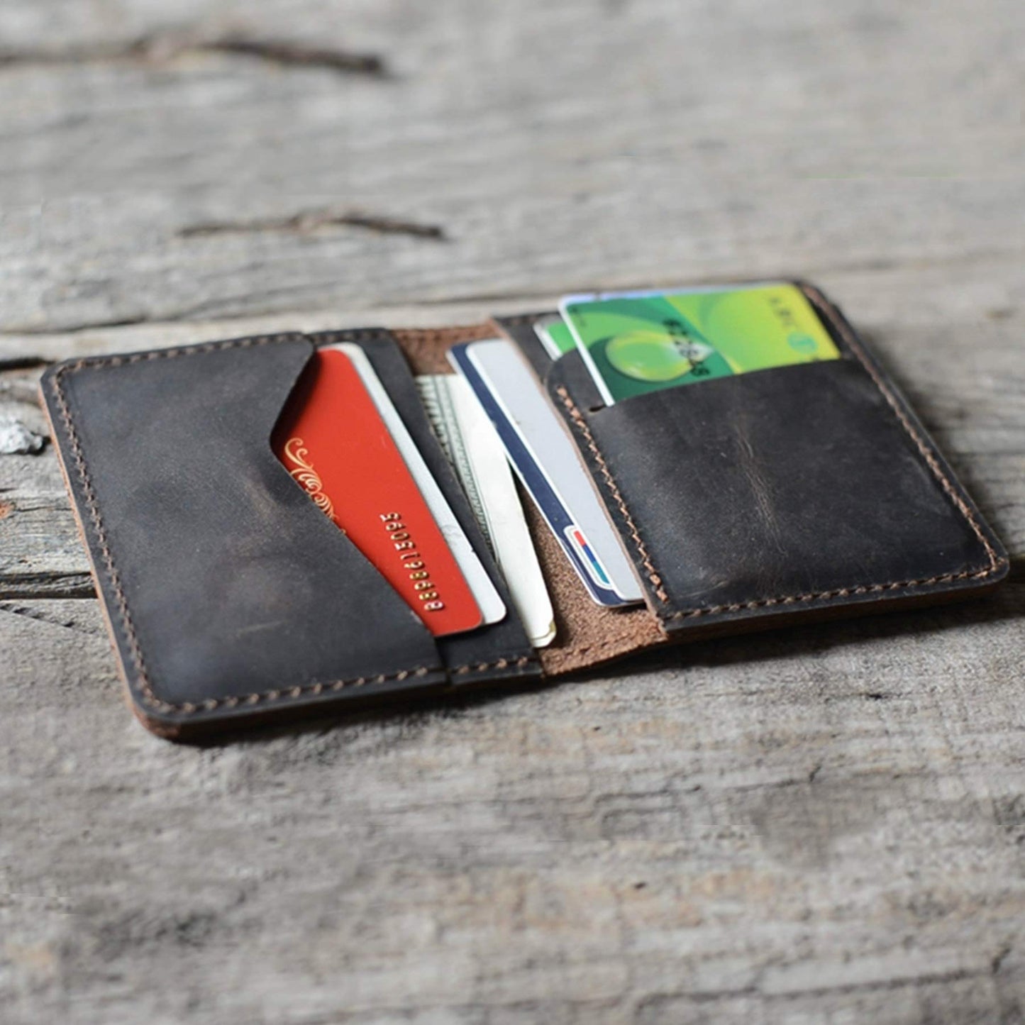 Handmade Distressed Men's Minimalist Leather Wallet Card Holder Wallets for Gifts Dark Brown style1