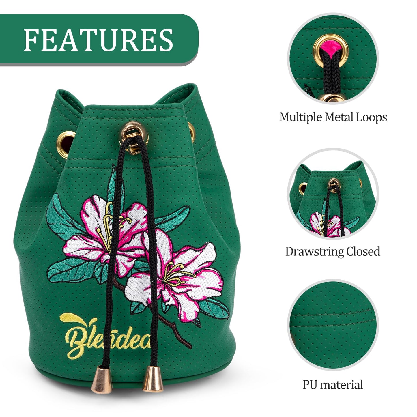 BAIRBRE Golf Valuables Pouch,Bucket Waist Design Golf Pouch Bag Azalea Embroidery Tee Bag with Drawstrings Leather for Men Women